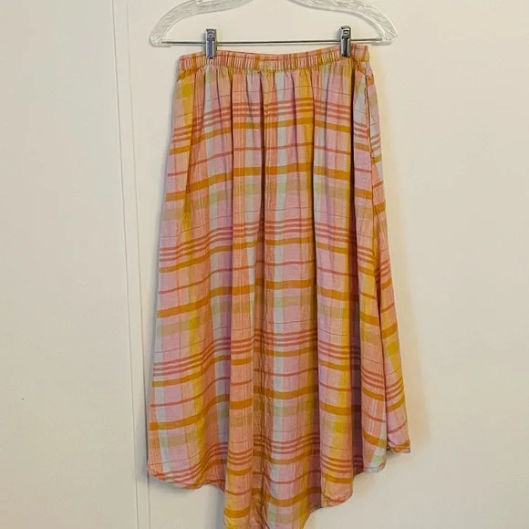 American Eagle Plaid Midi Skirt in Pink and Orange Size M Elastic Waist Boho - Picture 7 of 12